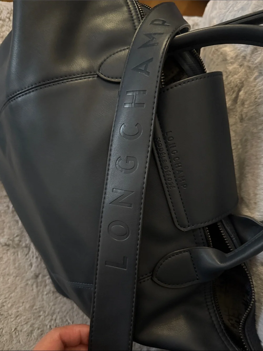 Longchamp Navy Leather Duffel Bag with Detachable Strap